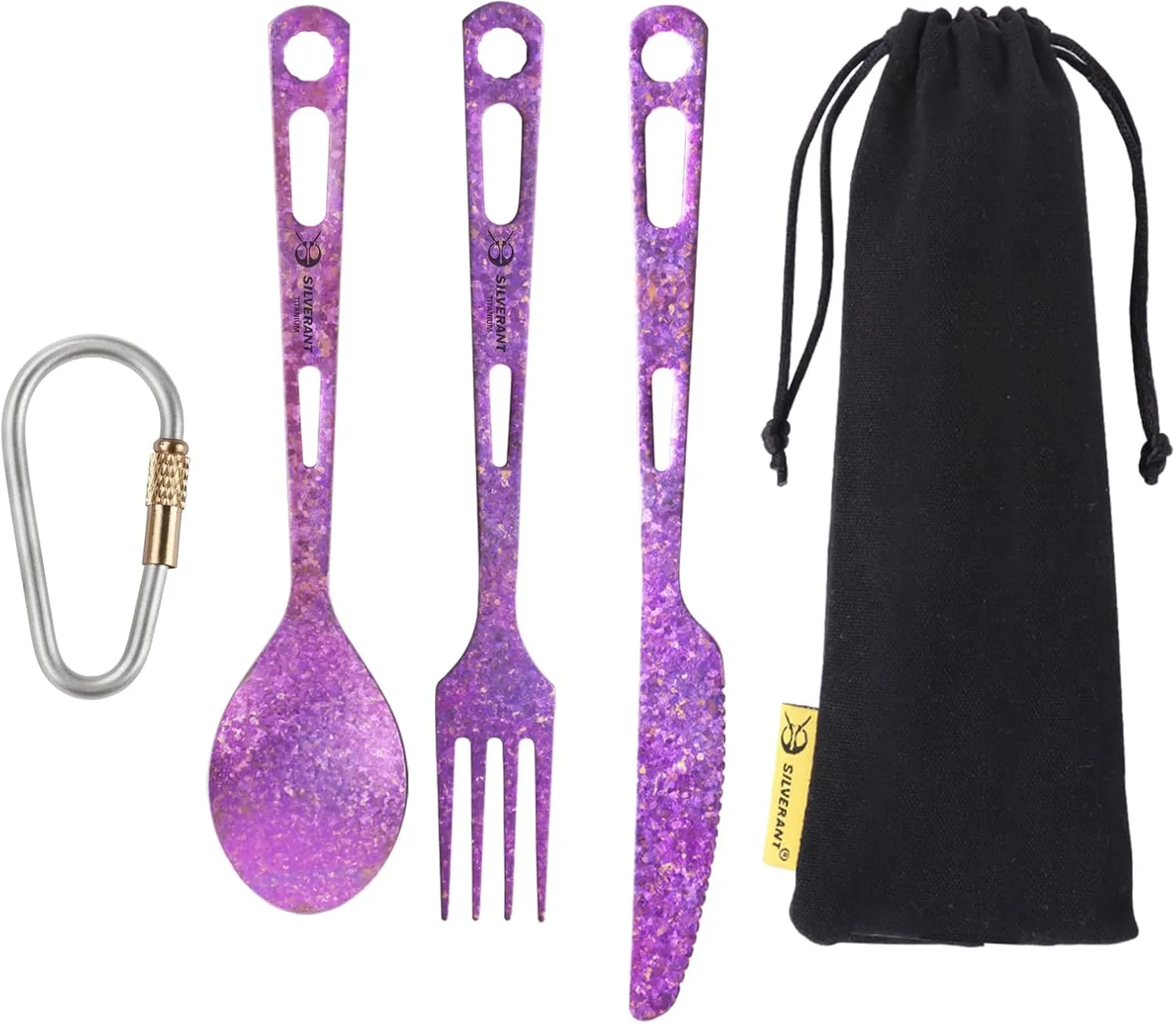 Titanium 3 Piece Cutlery Set, Extra Strong Ultra-Lightweight Durable Knife Fork & Spoon Tableware for Outdoor Camping & Hiking, Comes with Drawstring Bag & Titanium Carabiner-Purple