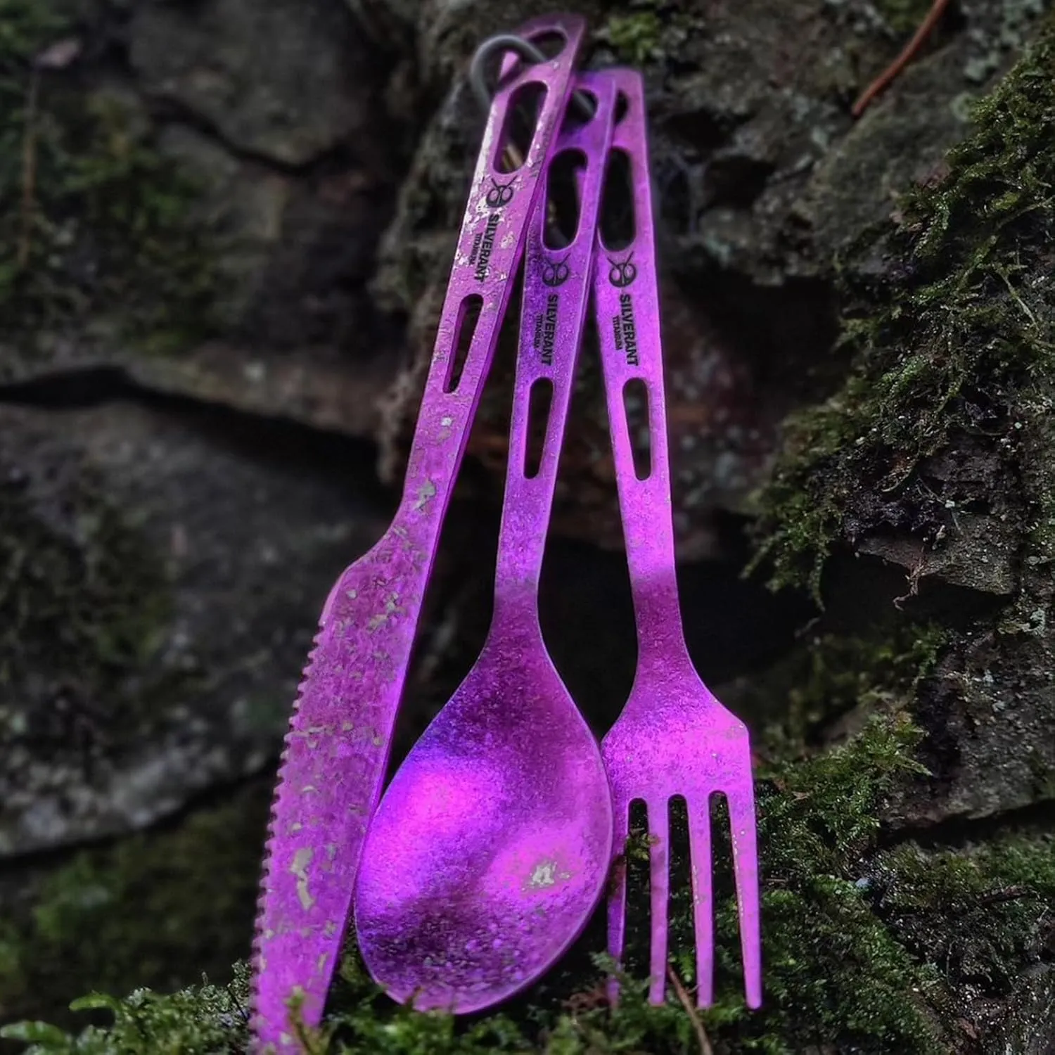 Titanium 3 Piece Cutlery Set, Extra Strong Ultra-Lightweight Durable Knife Fork & Spoon Tableware for Outdoor Camping & Hiking, Comes with Drawstring Bag & Titanium Carabiner-Purple