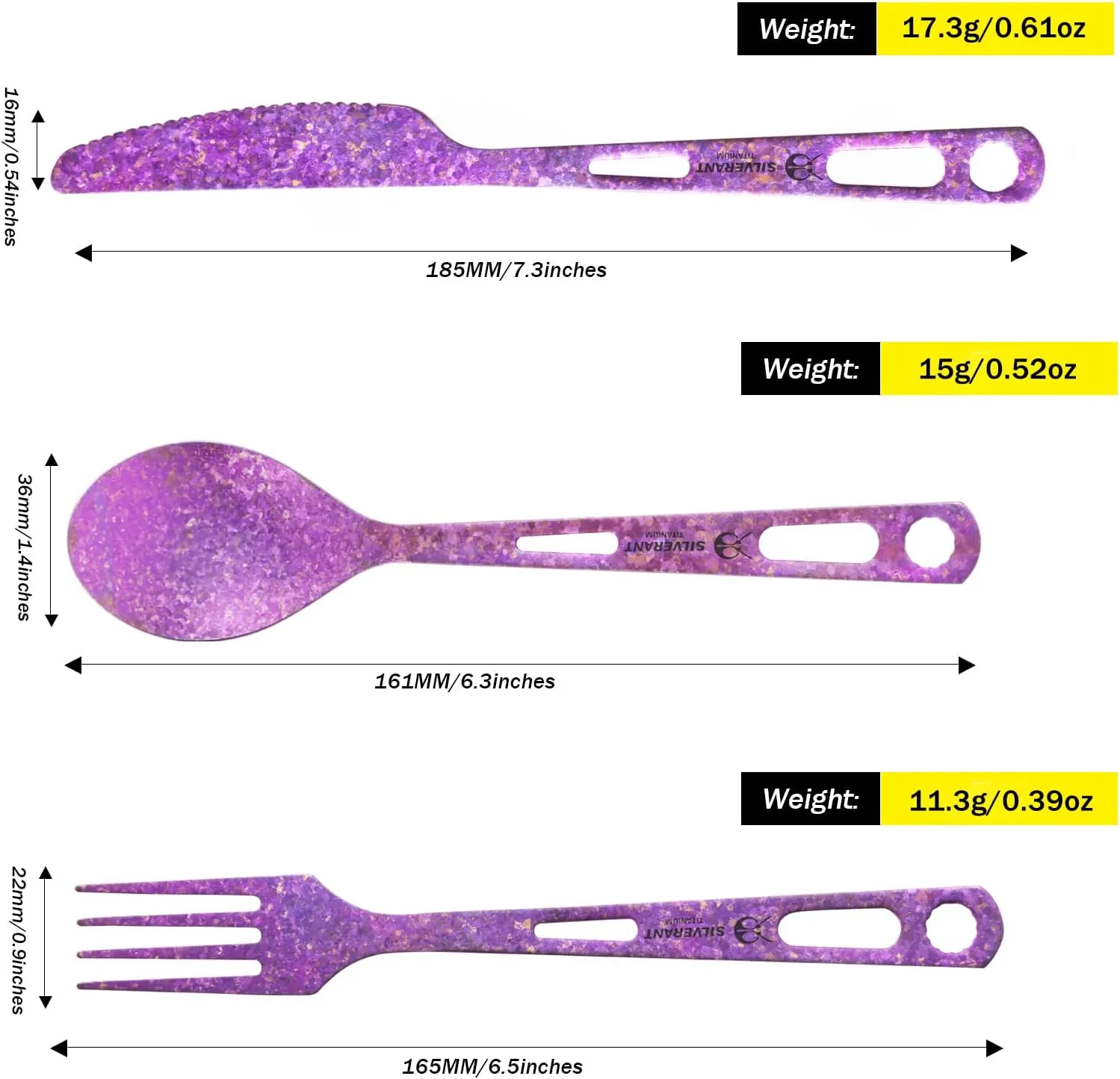 Titanium 3 Piece Cutlery Set, Extra Strong Ultra-Lightweight Durable Knife Fork & Spoon Tableware for Outdoor Camping & Hiking, Comes with Drawstring Bag & Titanium Carabiner-Purple
