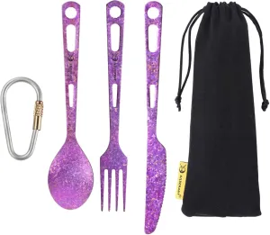 Titanium 3 Piece Cutlery Set, Extra Strong Ultra-Lightweight Durable Knife Fork & Spoon Tableware for Outdoor Camping & Hiking, Comes with Drawstring Bag & Titanium Carabiner-Purple