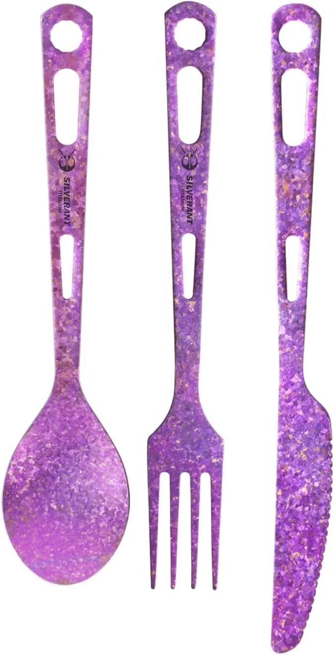 Titanium 3 Piece Cutlery Set, Extra Strong Ultra-Lightweight Durable Knife Fork & Spoon Tableware for Outdoor Camping & Hiking, Comes with Drawstring Bag & Titanium Carabiner-Purple