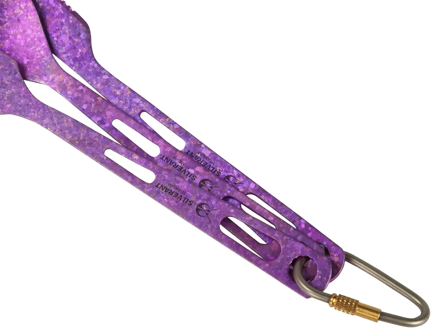 Titanium 3 Piece Cutlery Set, Extra Strong Ultra-Lightweight Durable Knife Fork & Spoon Tableware for Outdoor Camping & Hiking, Comes with Drawstring Bag & Titanium Carabiner-Purple