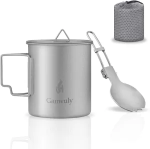 Titanium 750ml Pot with Bail Handle, Titanium Camping Cookware with Lid and Spork, Camping Coffee Cup with Foldable Handle for Outdoor Camping Hiking Backpacking