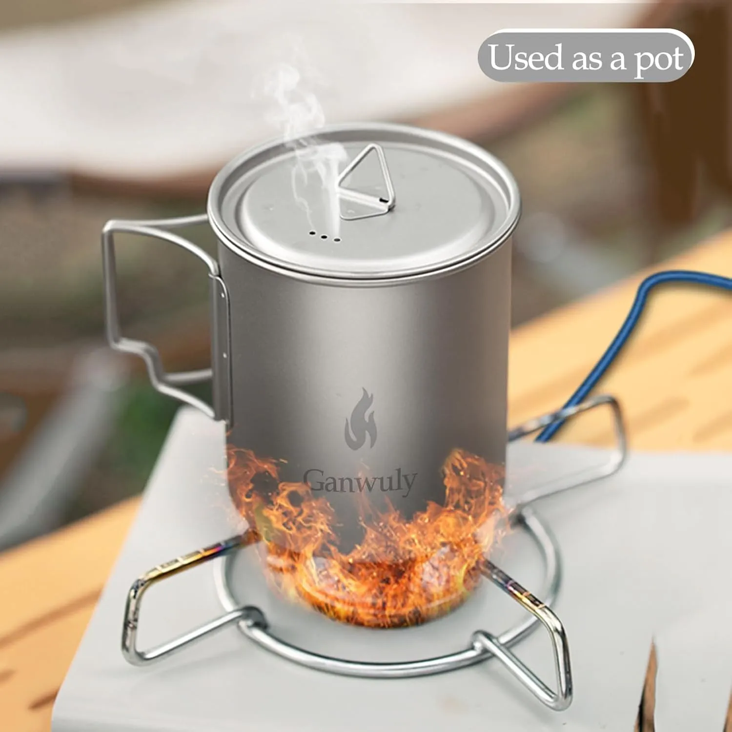 Titanium 750ml Pot with Bail Handle, Titanium Camping Cookware with Lid and Spork, Camping Coffee Cup with Foldable Handle for Outdoor Camping Hiking Backpacking