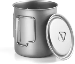 Titanium Pot, Camping Coffee Mugs, Camping Cookware, with Lid and Foldable Handle, Backpacking Cup for Outdoor Hiking Cooking(650ML)