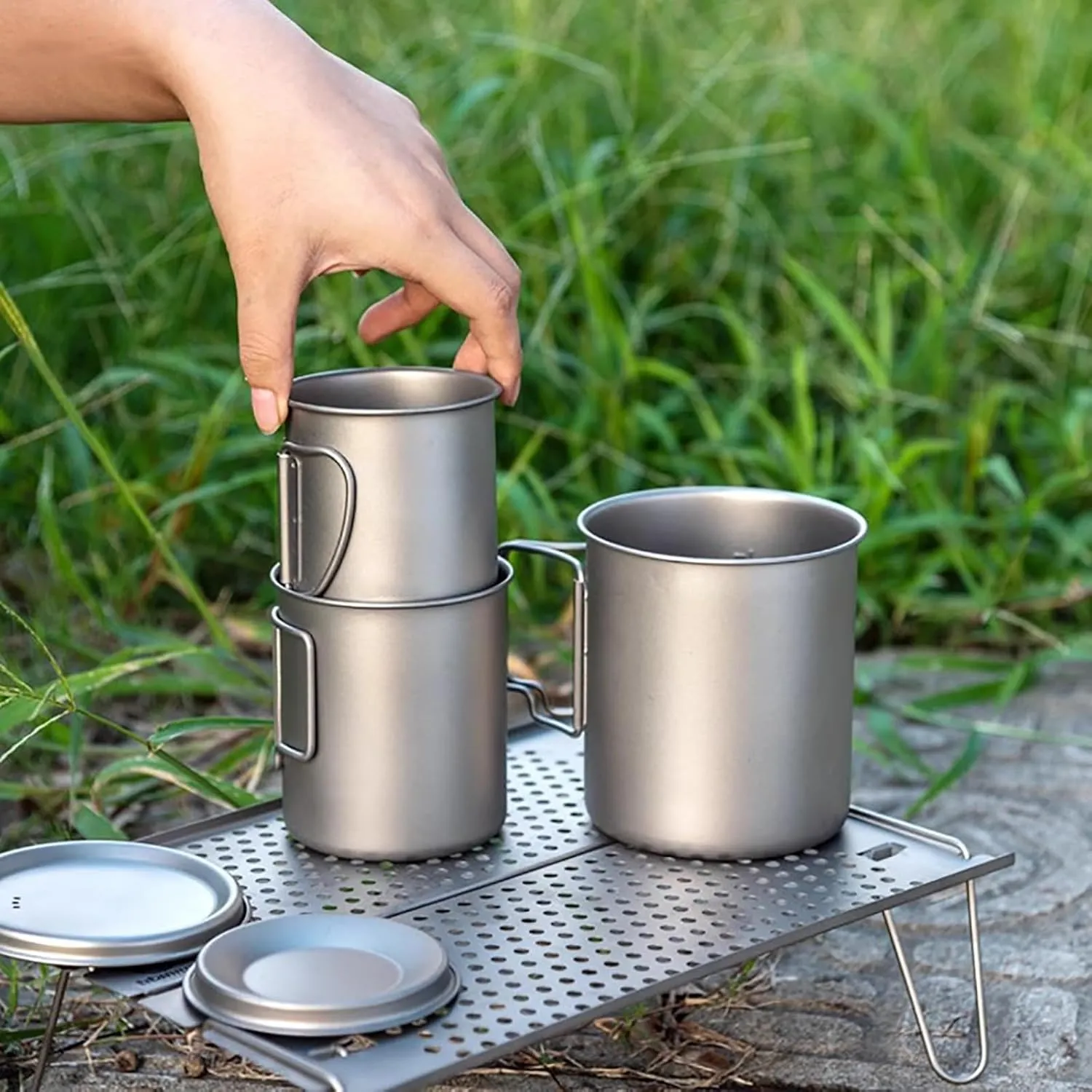 Titanium Pot, Camping Coffee Mugs, Camping Cookware, with Lid and Foldable Handle, Backpacking Cup for Outdoor Hiking Cooking(650ML)