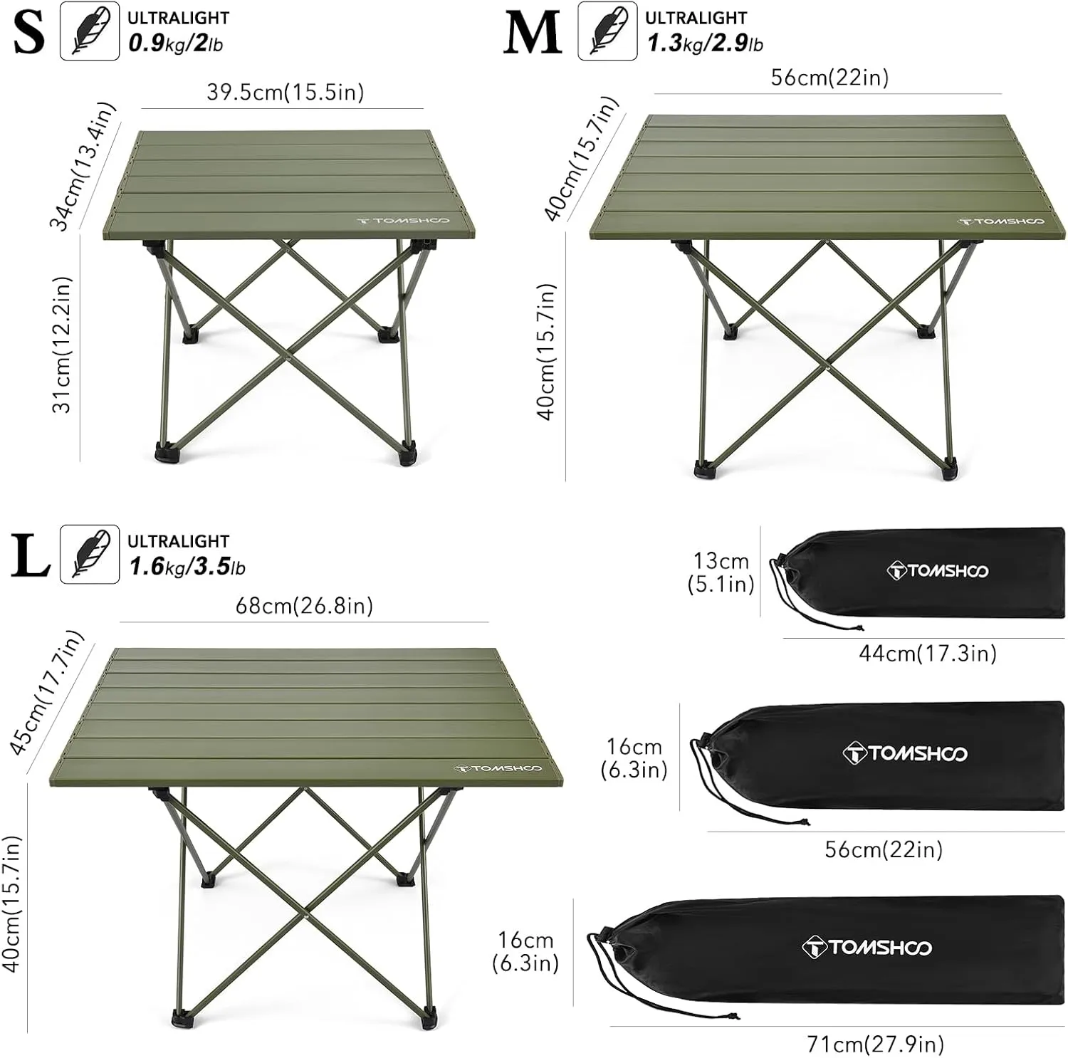 TOMSHOO Camping Table Folding Portable Beach Table with Carry Bag Aluminum Lightweight Foldable Table for Outdoor Hiking Picnics BBQ (Green, Large)
