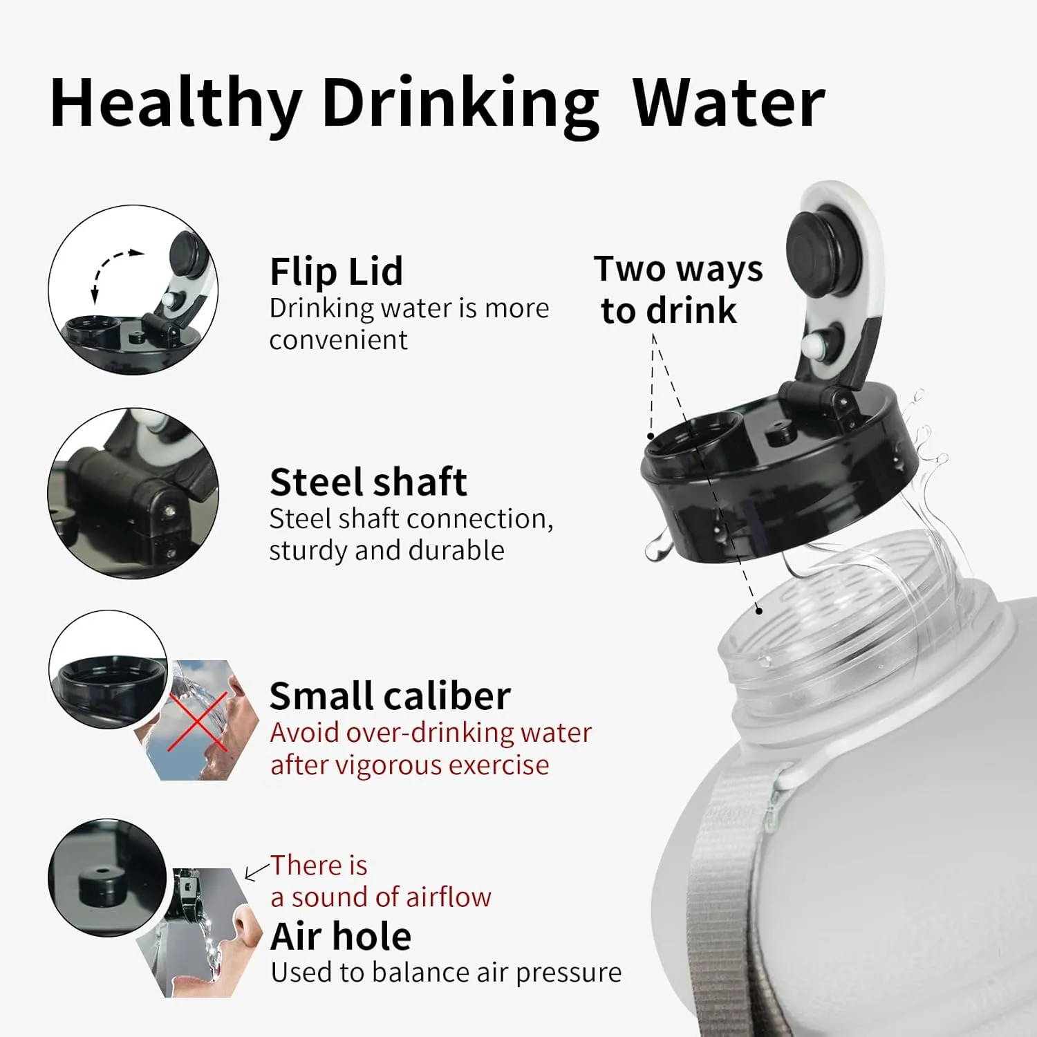 TOOFEEL 2 Liter Water Bottles - Half Gallon Water Bottle BPA Free - Ideal for Gym, Big Water Jug, Reusable Sports Bottle with Measurements Marked Drink Container - 2.2L 74oz White Black Water Jugs