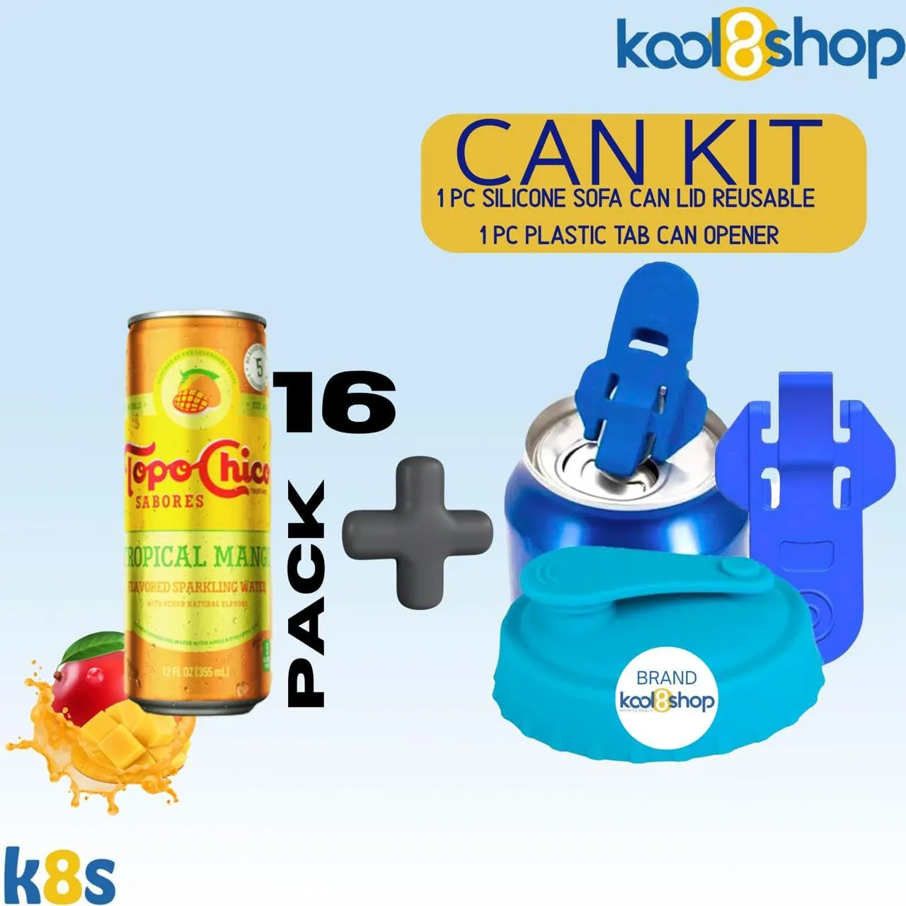 Topo Chico Tropical Mango 12 fl oz Slim Aluminum Can 16 Pack  1 Reusable Can Kit by KOOL8SHOP Infinite Deals