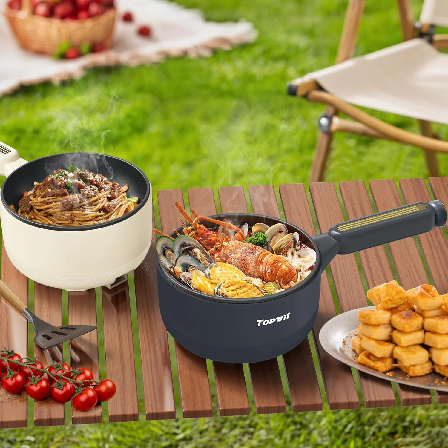 TOPWIT Hot Pot Electric, 2L Electric Pot, Non-Stick Sauté Pan, Portable Cooker for Steak, Egg, Fried Rice, Ramen, Soup with Dual Power Control (Silicone Spatula Included), Grey