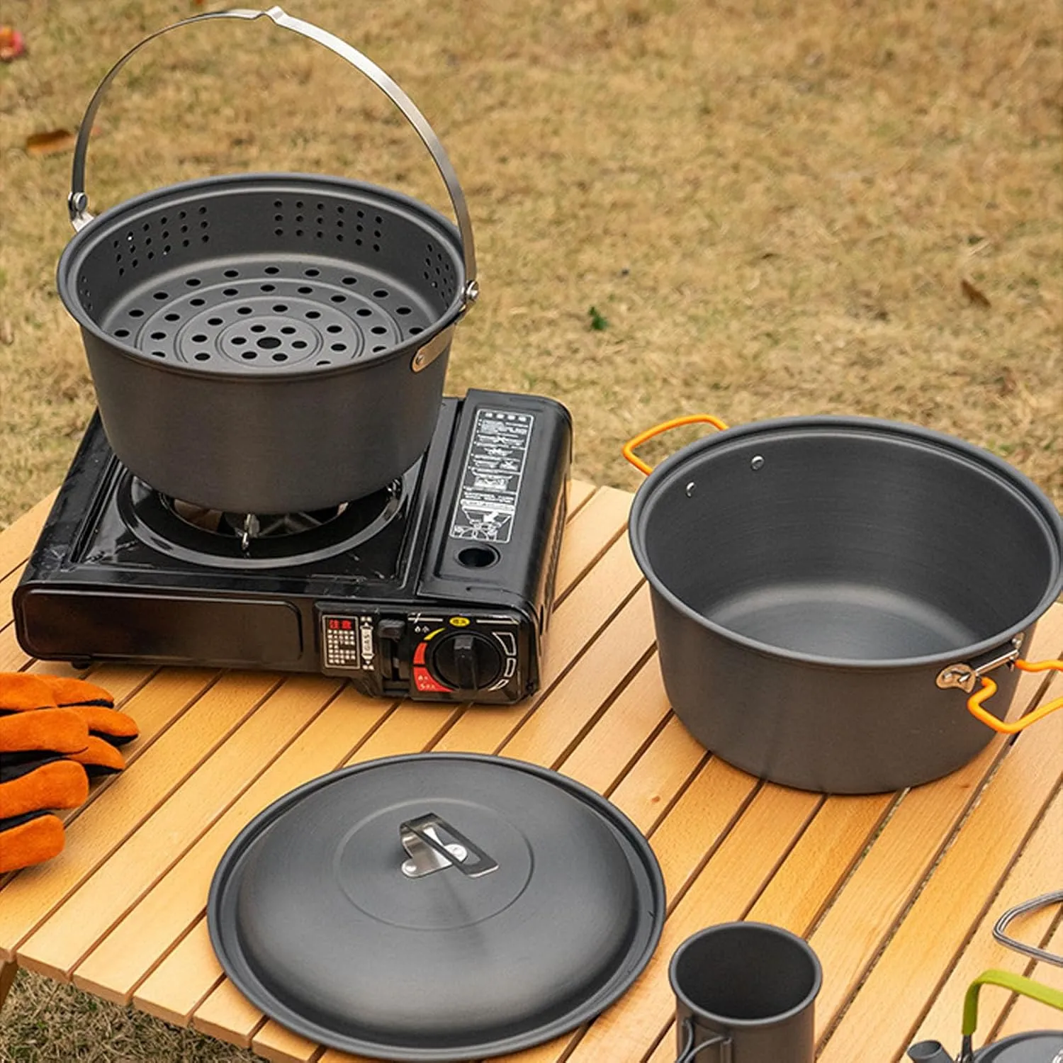 Topyond Camping Cookware Kit 5L Large Capacity Portable Camping Pot for BBQ, Boiling, Steaming, Stainless Steel & Aluminum Alloy Outdoor Cooking Pot for Camping, Picnics