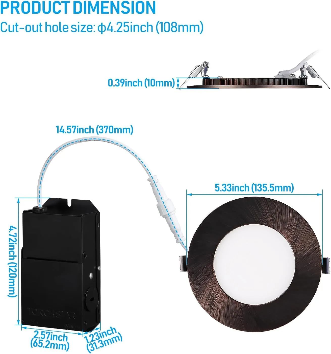 TORCHSTAR E-Lite Series 4 Inch Slim Recessed Lighting with J-Box, 10.5W Ultra-Thin LED Recessed Light, Dimmable Canless Downlight, ETL&ES Listed, CRI90, 4000K Cool White, Oil Rubbed Bronze, Pack of 6