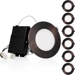 TORCHSTAR E-Lite Series 4 Inch Slim Recessed Lighting with J-Box, 10.5W Ultra-Thin LED Recessed Light, Dimmable Canless Downlight, ETL&ES Listed, CRI90, 4000K Cool White, Oil Rubbed Bronze, Pack of 6