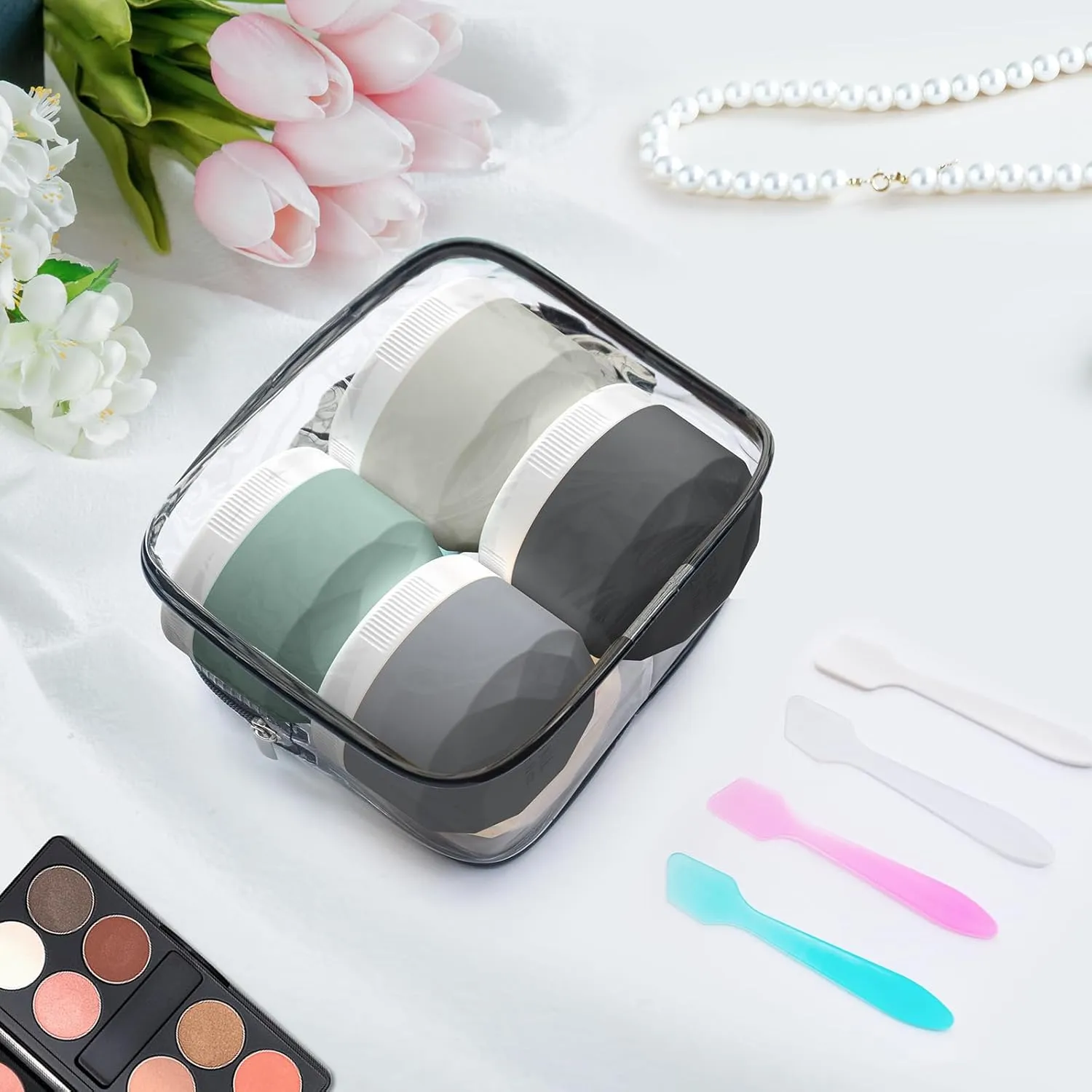 Travel Containers for Toiletries, 4-Pack TSA Approved Silicone Jars (2.5oz) - BPA Free Leakproof Cosmetic Containers for Creams, Lotion, Skincare & Makeup with Bonus Waterproof Bag