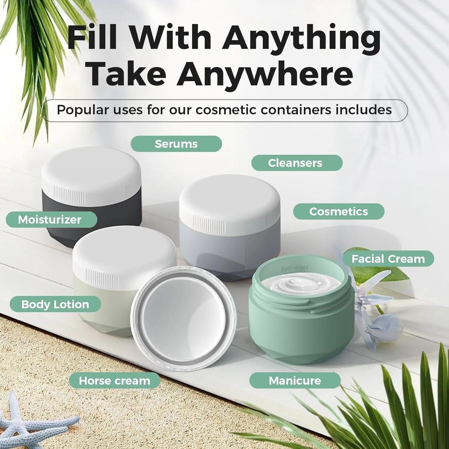 Travel Containers for Toiletries, 4-Pack TSA Approved Silicone Jars (2.5oz) - BPA Free Leakproof Cosmetic Containers for Creams, Lotion, Skincare & Makeup with Bonus Waterproof Bag