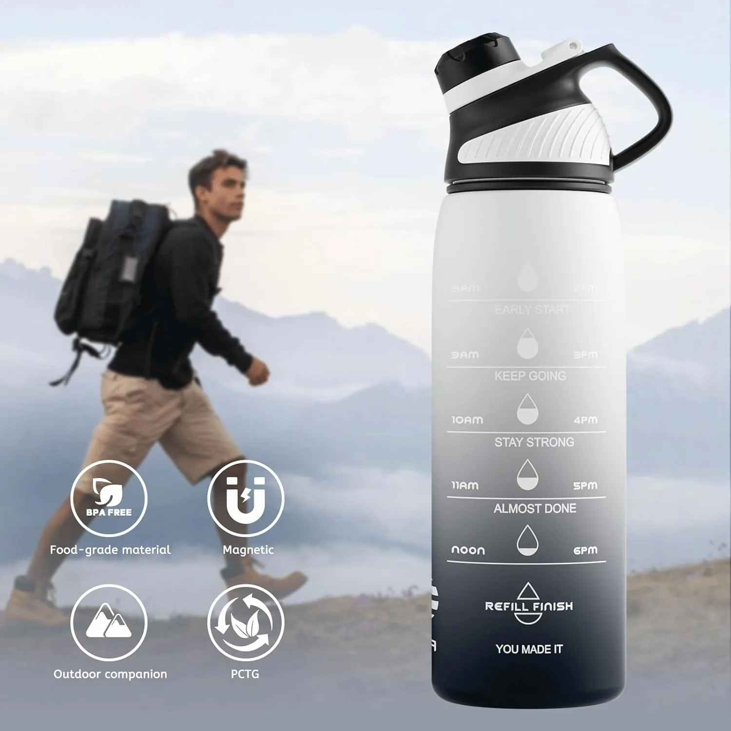 Tritan Plastic Water Bottle With Carry Strap, 34 oz BPA-Free Sports Water Bottle, with Magnetic Cap, Lightweight Leakproof Plastic Jug for Sports, Travel, School, Gym, Outdoor