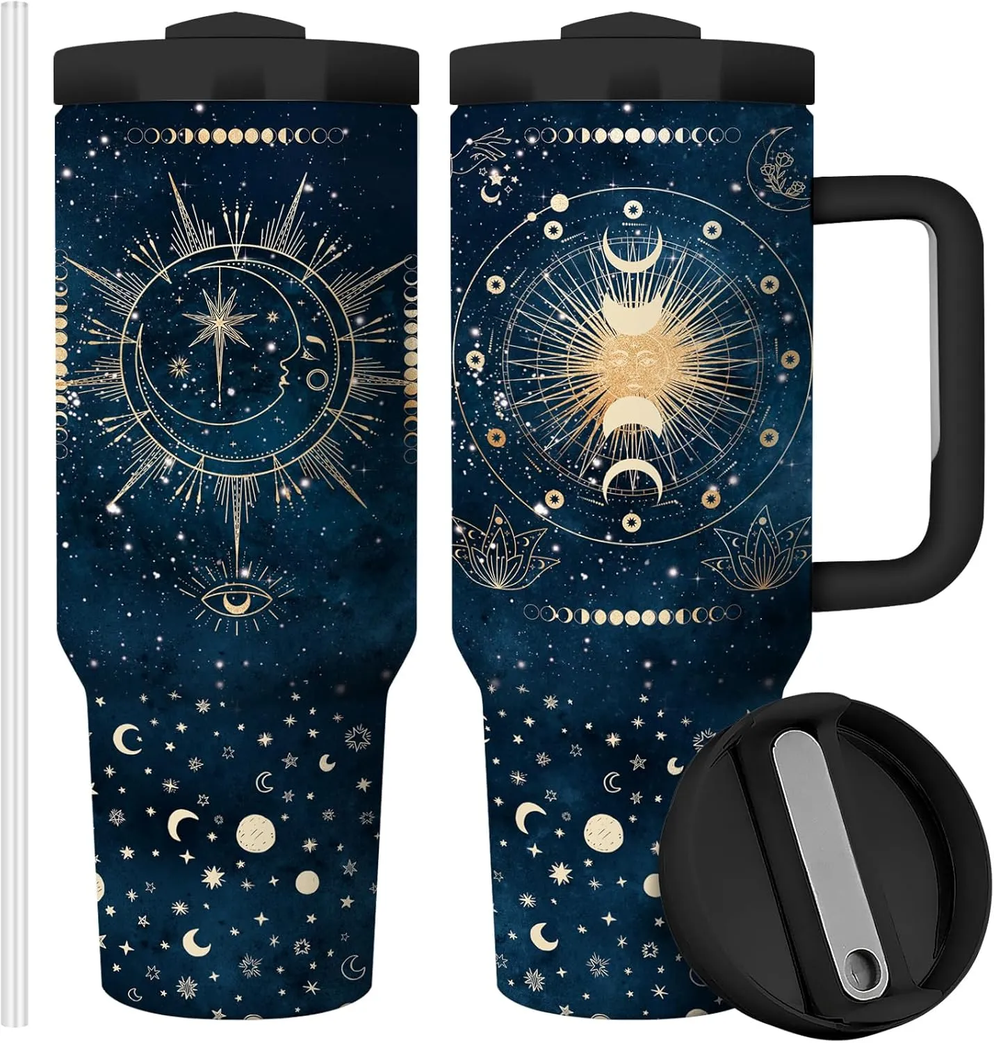 Tumbler with Lid and Straw Travel Coffee Mug Gifts for Astrology, Celestial, Moon, Galaxy Lovers 40oz Tumbler with Handle Travel Mug Double Wall Vacuun Insulated Cup (Pack of 1)