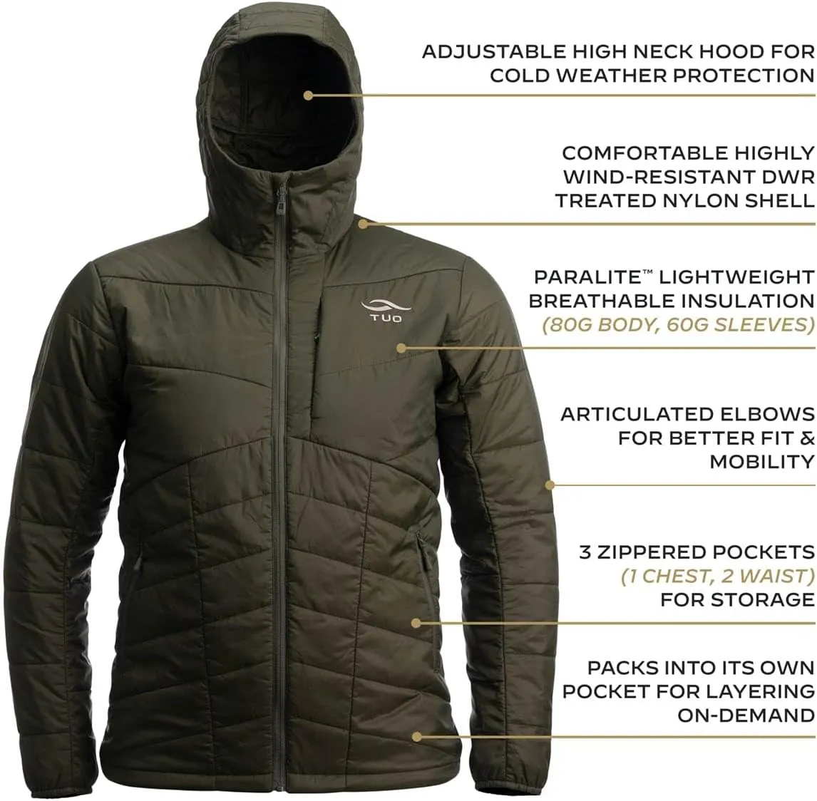 TUO Clement Puffer Hooded Jacket - Packable, Lightweight, and Wind-Resistant - High-Performance Outdoor Gear for Hunting