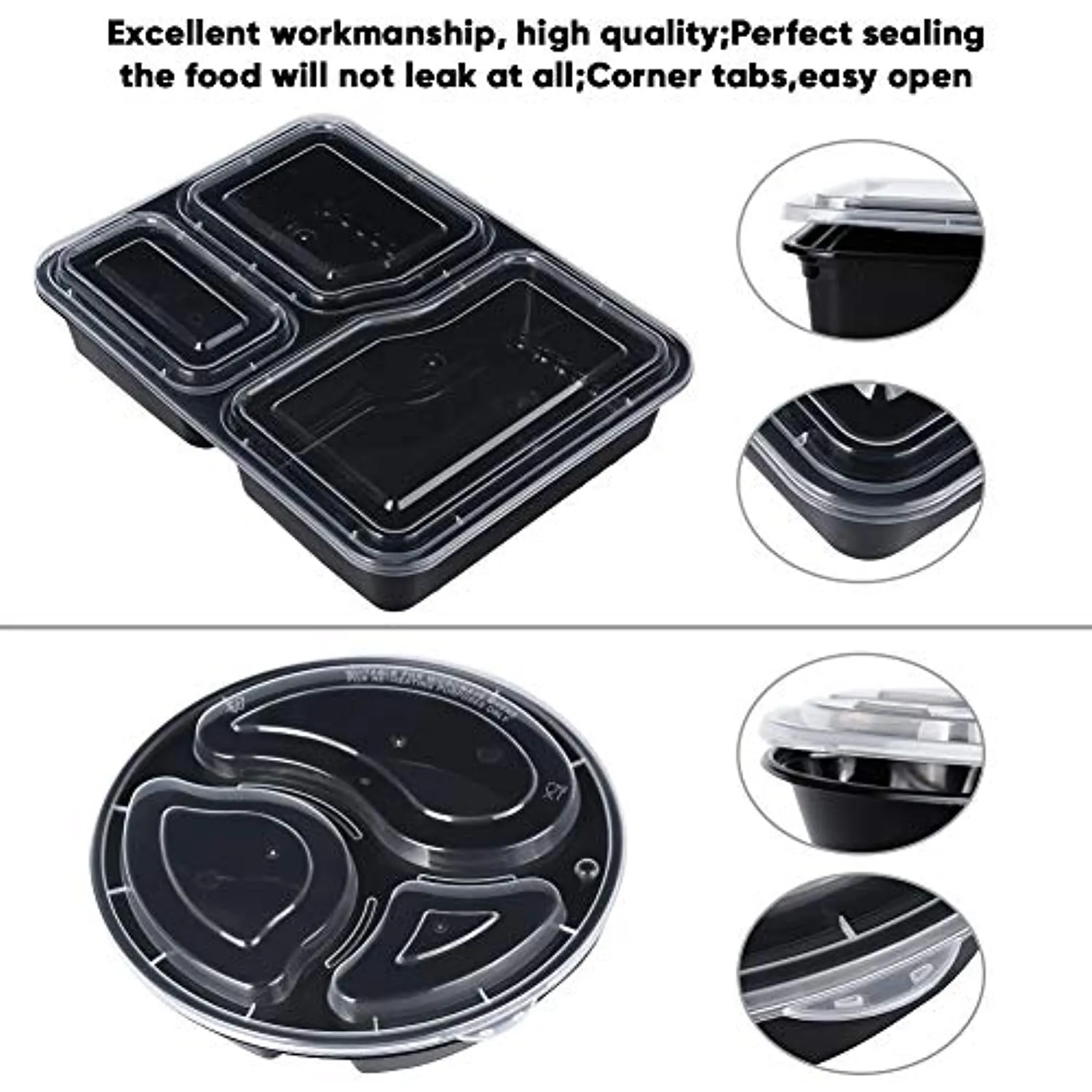 U-Home [20 Pack] 3-Compartment Meal Prep Containers: 1000ML Reusable Meal Prep Container with Lids - BPA-Free Plastic Round Meal Prep Bowls   Square Meal Prep Boxes - Microwavable Dishwasher-Washable (34 oz)