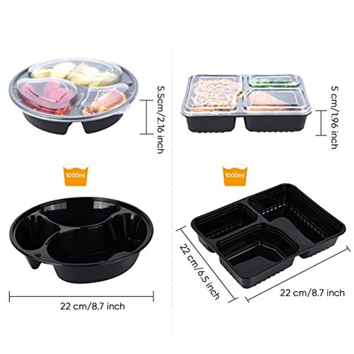 U-Home [20 Pack] 3-Compartment Meal Prep Containers: 1000ML Reusable Meal Prep Container with Lids - BPA-Free Plastic Round Meal Prep Bowls   Square Meal Prep Boxes - Microwavable Dishwasher-Washable (34 oz)