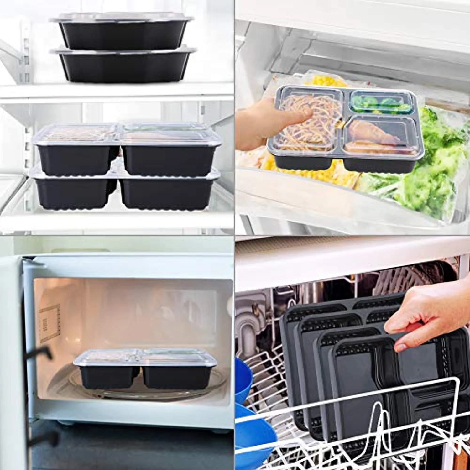 U-Home [20 Pack] 3-Compartment Meal Prep Containers: 1000ML Reusable Meal Prep Container with Lids - BPA-Free Plastic Round Meal Prep Bowls   Square Meal Prep Boxes - Microwavable Dishwasher-Washable (34 oz)