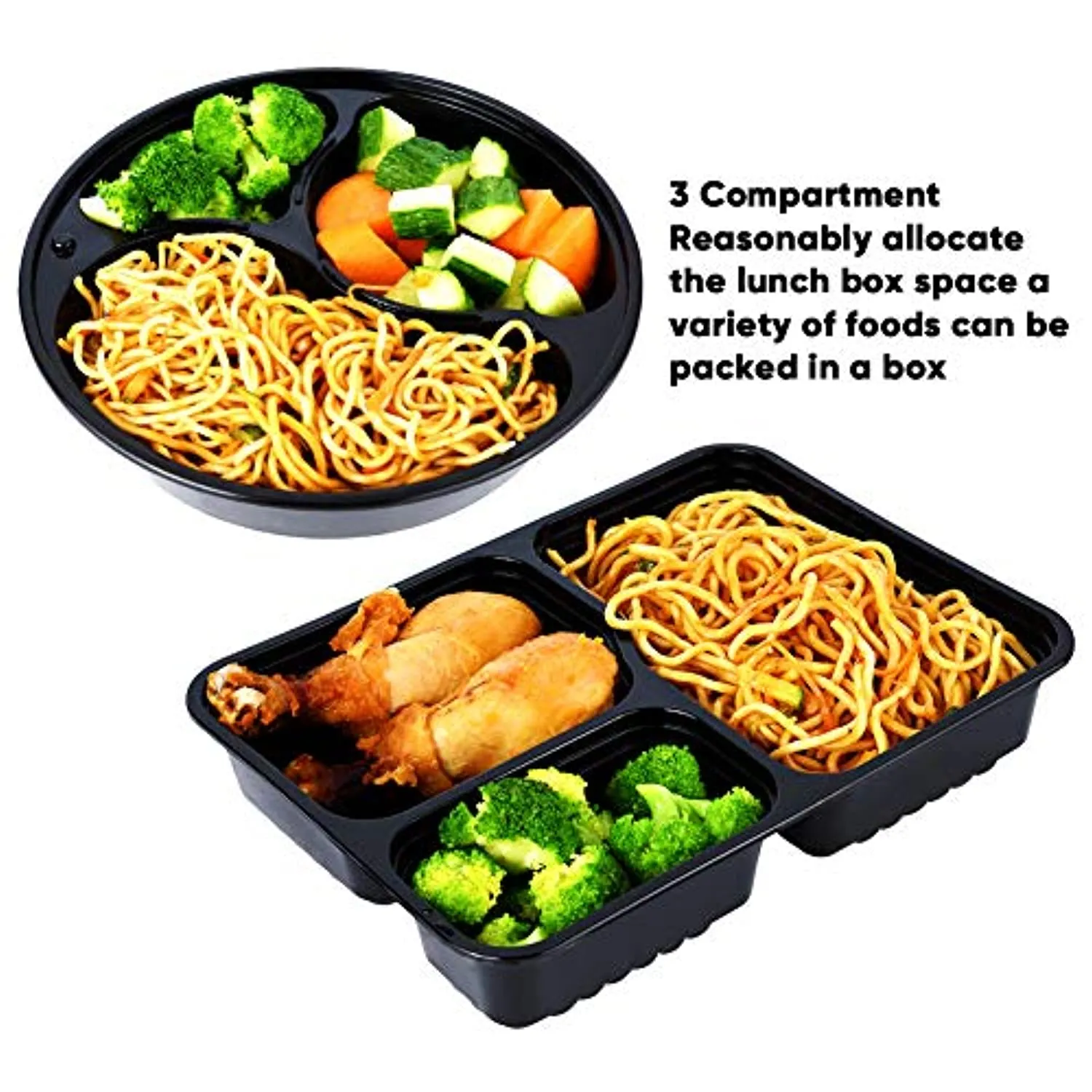 U-Home [20 Pack] 3-Compartment Meal Prep Containers: 1000ML Reusable Meal Prep Container with Lids - BPA-Free Plastic Round Meal Prep Bowls   Square Meal Prep Boxes - Microwavable Dishwasher-Washable (34 oz)