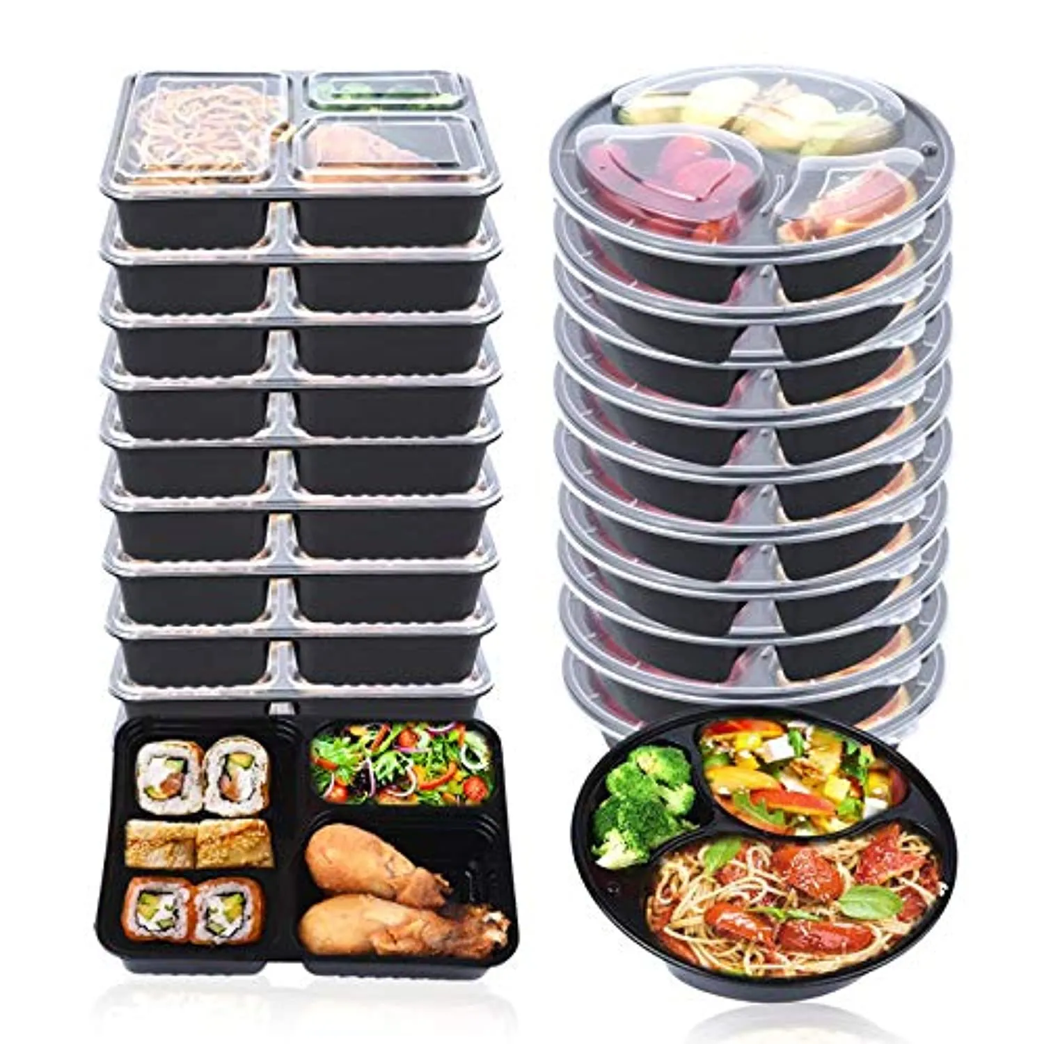 U-Home [20 Pack] 3-Compartment Meal Prep Containers: 1000ML Reusable Meal Prep Container with Lids - BPA-Free Plastic Round Meal Prep Bowls   Square Meal Prep Boxes - Microwavable Dishwasher-Washable (34 oz)