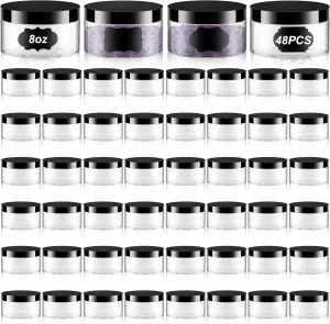 Uiifan 48 Pcs 8 oz Plastic Cosmetic Jars with Lids and Labels Empty Refillable Cosmetic Leak Proof Containers Lotion Jars for Cream Body Butters Powder Ointment Lip Scrub (Clear with Black Lids)