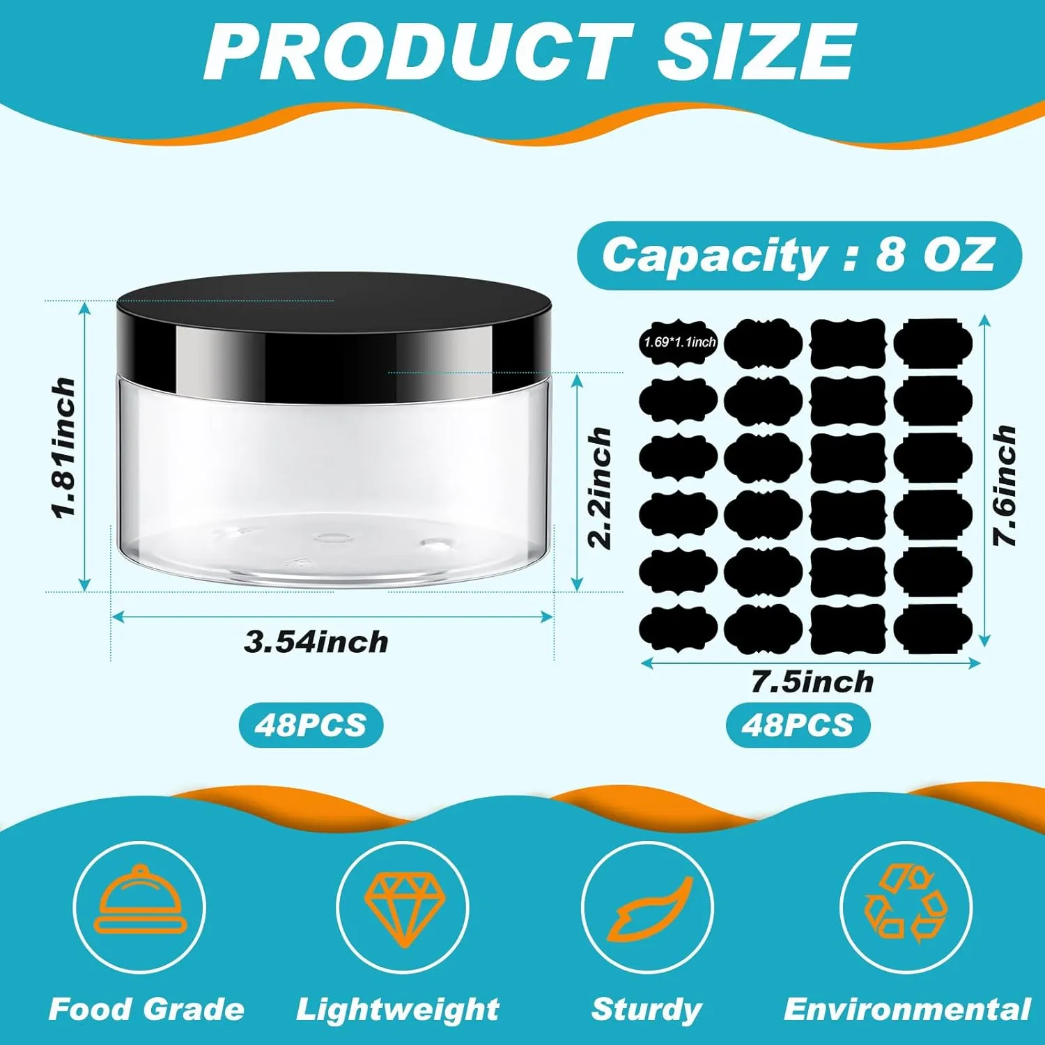 Uiifan 48 Pcs 8 oz Plastic Cosmetic Jars with Lids and Labels Empty Refillable Cosmetic Leak Proof Containers Lotion Jars for Cream Body Butters Powder Ointment Lip Scrub (Clear with Black Lids)