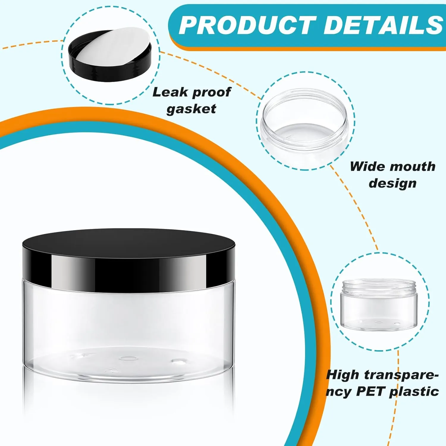 Uiifan 48 Pcs 8 oz Plastic Cosmetic Jars with Lids and Labels Empty Refillable Cosmetic Leak Proof Containers Lotion Jars for Cream Body Butters Powder Ointment Lip Scrub (Clear with Black Lids)