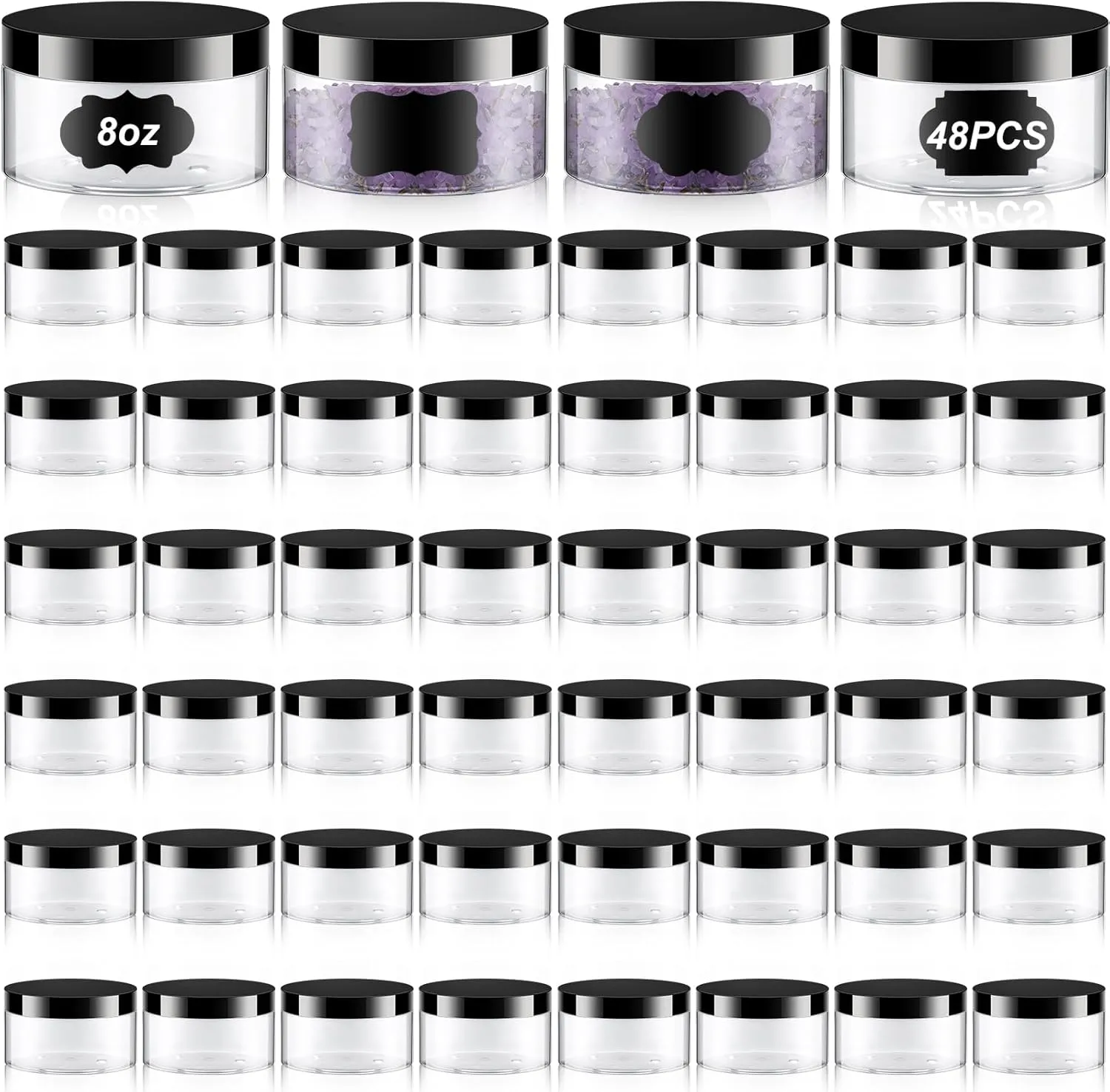 Uiifan 48 Pcs 8 oz Plastic Cosmetic Jars with Lids and Labels Empty Refillable Cosmetic Leak Proof Containers Lotion Jars for Cream Body Butters Powder Ointment Lip Scrub (Clear with Black Lids)