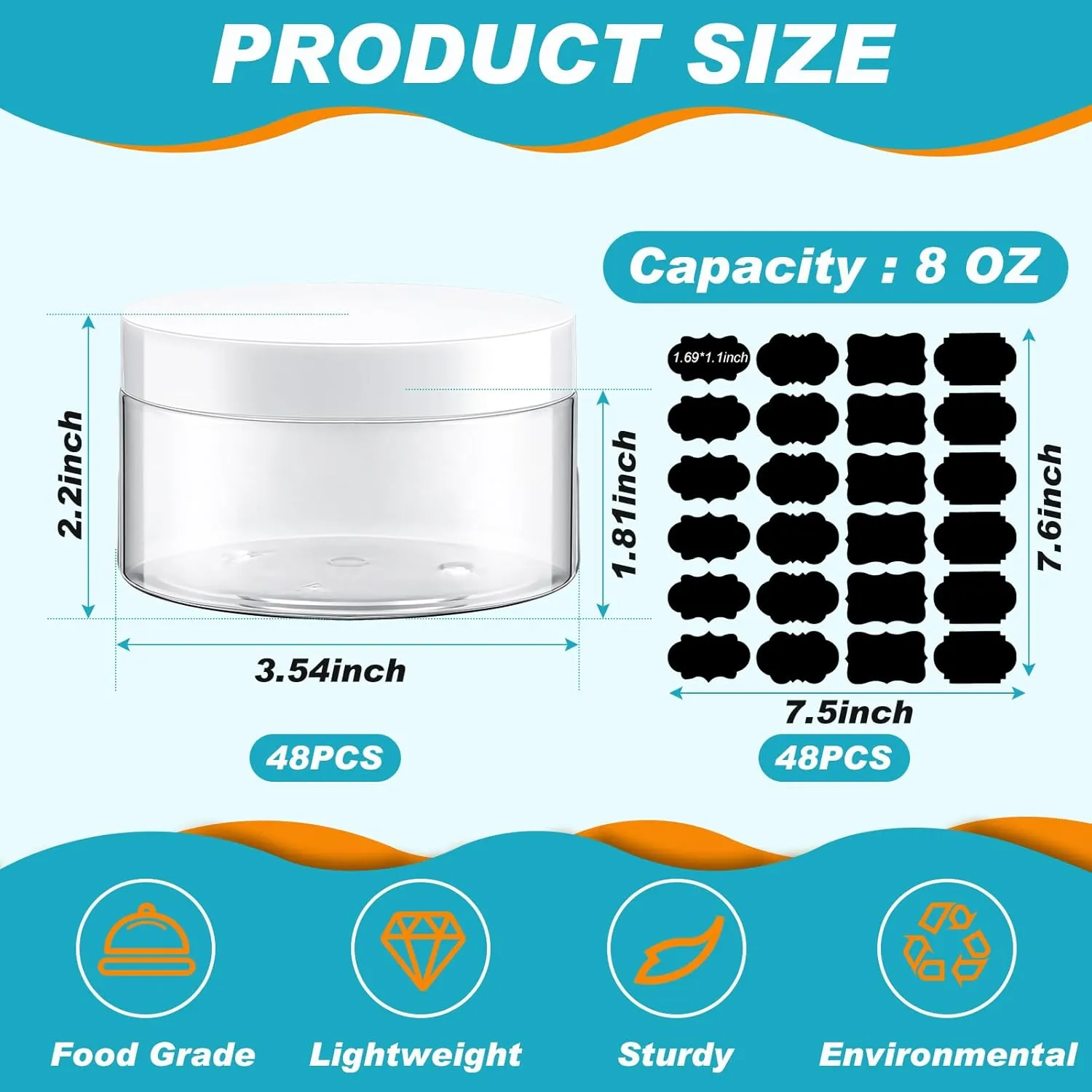 Uiifan 48 Pcs 8 oz Plastic Cosmetic Jars with Lids and Labels Empty Refillable Cosmetic Leak Proof Containers Lotion Jars for Cream Body Butters Powder Ointment Lip Scrub (Clear)