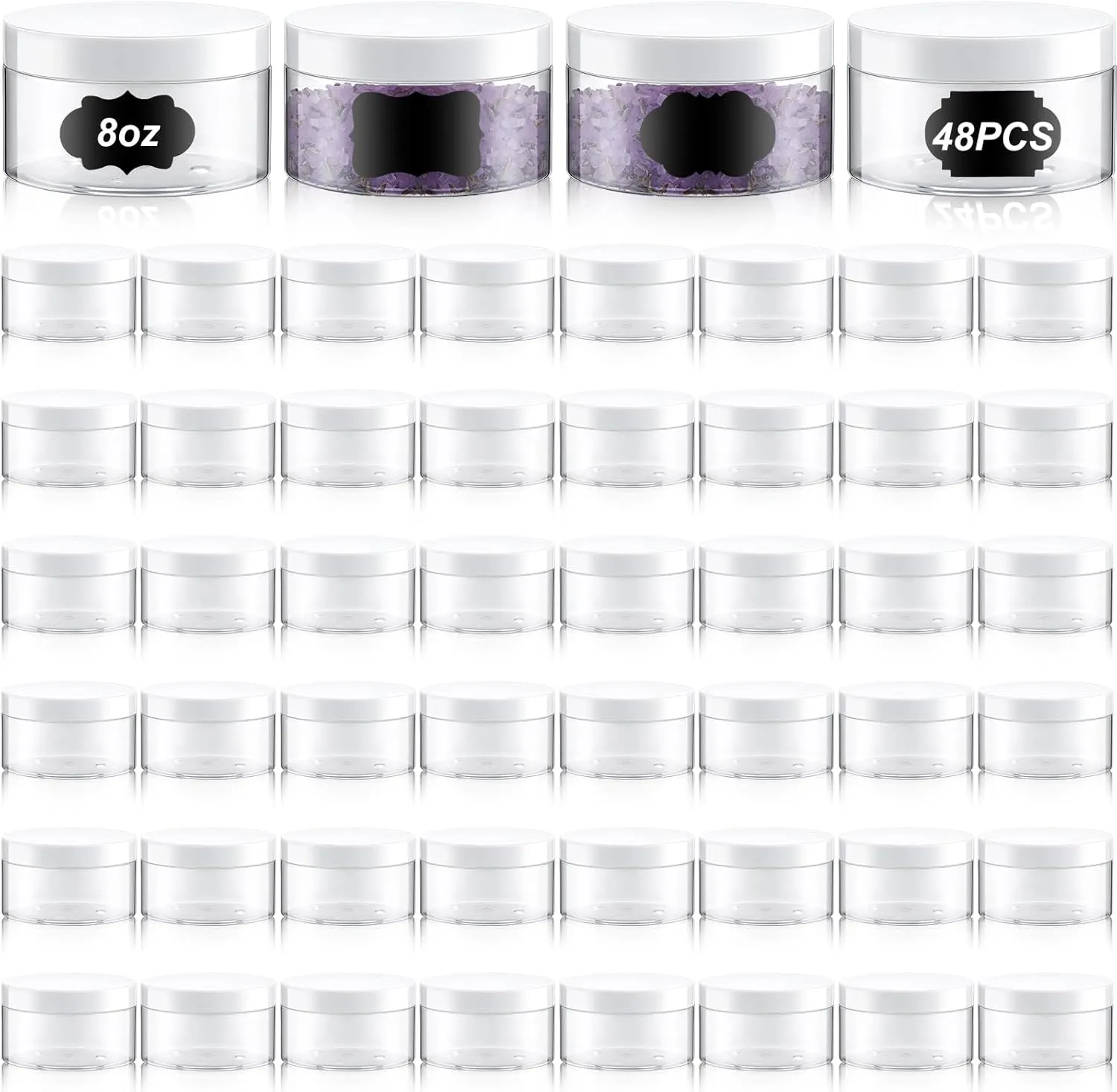 Uiifan 48 Pcs 8 oz Plastic Cosmetic Jars with Lids and Labels Empty Refillable Cosmetic Leak Proof Containers Lotion Jars for Cream Body Butters Powder Ointment Lip Scrub (Clear)