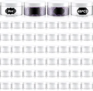 Uiifan 48 Pcs 8 oz Plastic Cosmetic Jars with Lids and Labels Empty Refillable Cosmetic Leak Proof Containers Lotion Jars for Cream Body Butters Powder Ointment Lip Scrub (Clear)