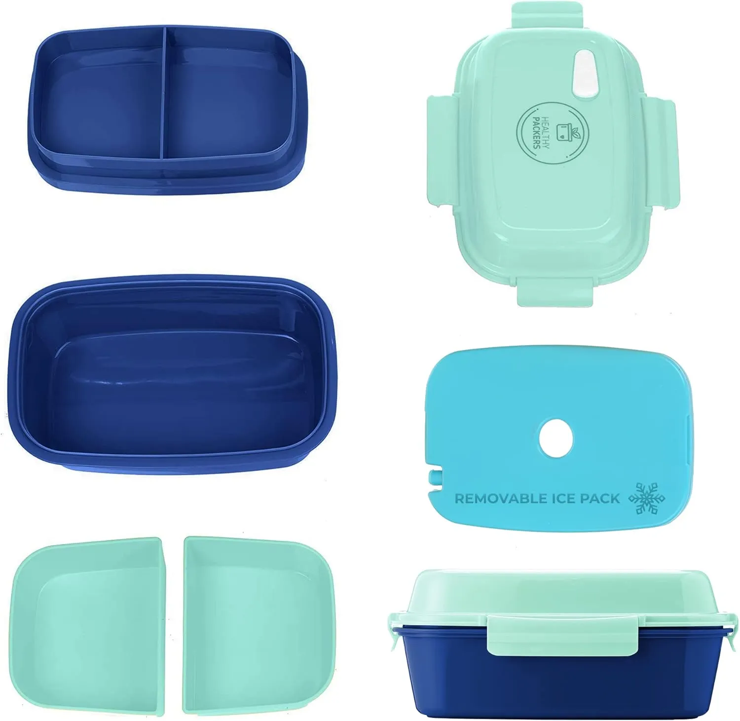 Ultimate Bento Box - Lunch Box for Kids & Adults with Removable Ice Pack - Leakproof, Multi-Compartment Food Container with Removable Containers - Microwave & Dishwasher Safe (Green, Blue, Green)