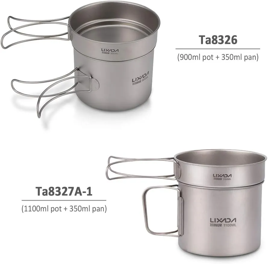 Ultralight Titanium Cookset Outdoor Camping Cookware Set 1100ml Pot and 350ml Fry Pan with Folding Handles