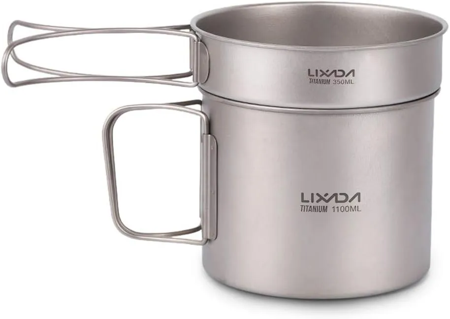 Ultralight Titanium Cookset Outdoor Camping Cookware Set 1100ml Pot and 350ml Fry Pan with Folding Handles