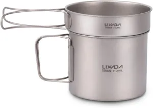 Ultralight Titanium Cookset Outdoor Camping Cookware Set 1100ml Pot and 350ml Fry Pan with Folding Handles
