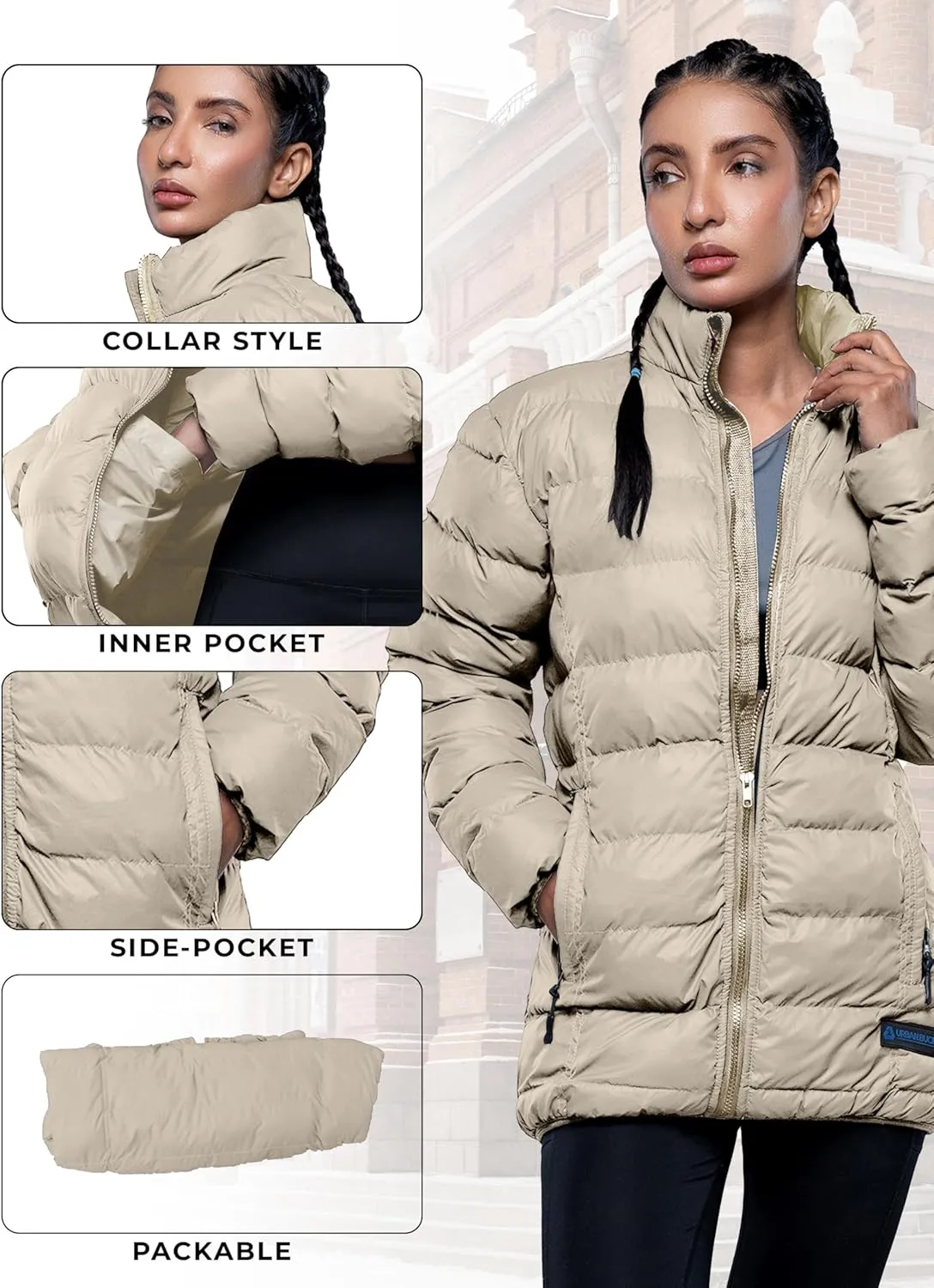 URBAN BUCK Packable Puffer Jacket Women with Hood – 32 Degree Lightweight Quilted Winter Puff Foldable Jacket for Women