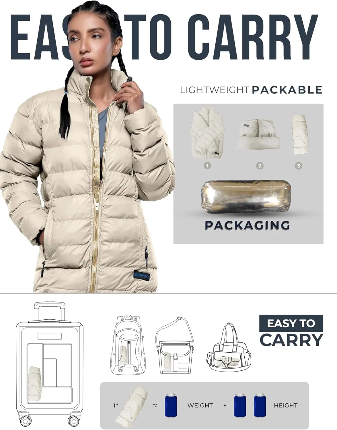 URBAN BUCK Packable Puffer Jacket Women with Hood – 32 Degree Lightweight Quilted Winter Puff Foldable Jacket for Women