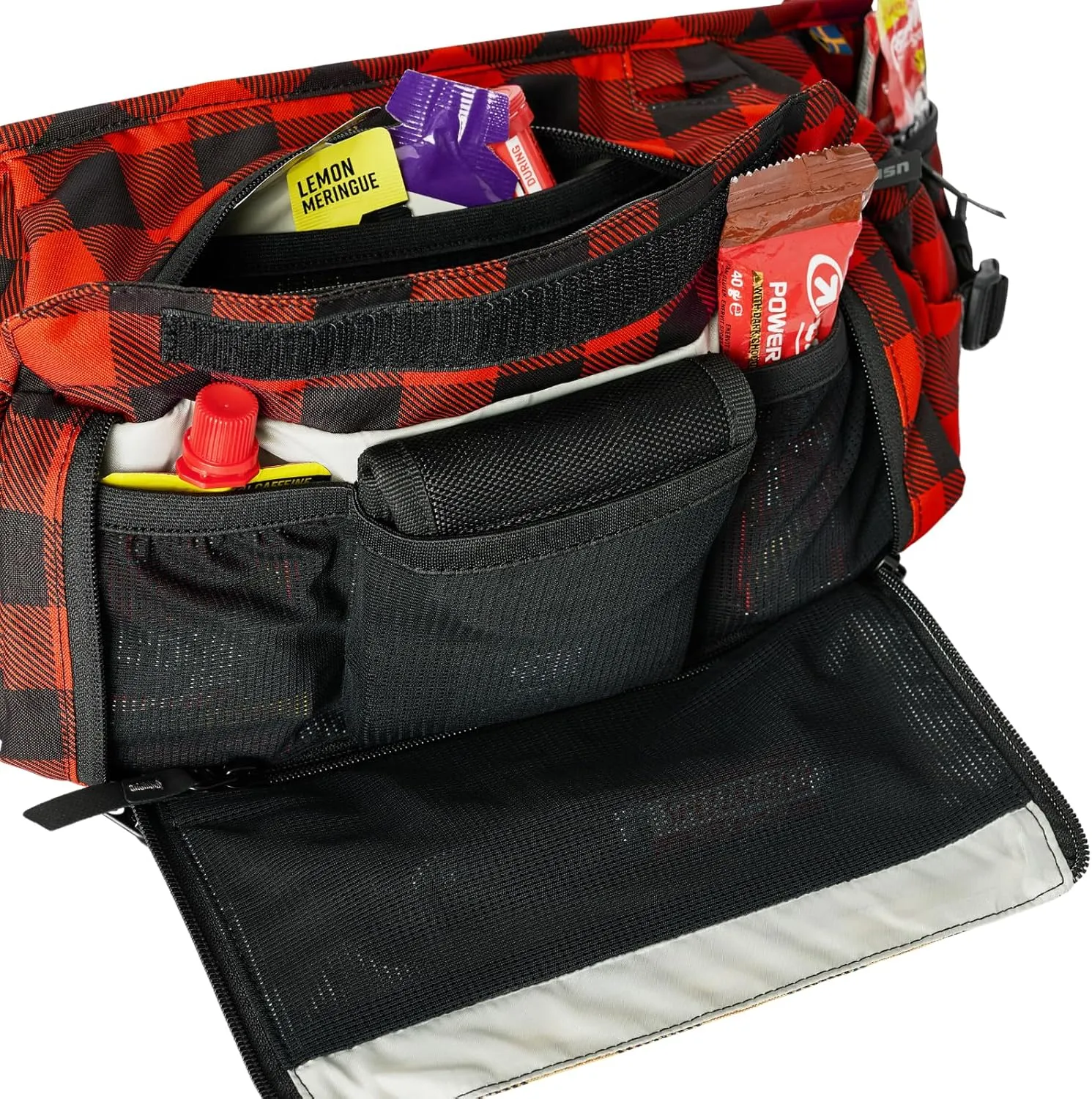 USWE Adjustable Waist Hip Pack Belt, Fanny Pack, Lightweight, Bounce-Free Fit, Zippered Storage Pockets for MTB, Enduro, Hiking, Hydration Bladder Compatible (Not Included) (Flannel Red, 6L)