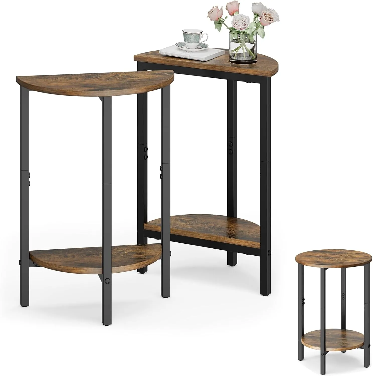 Vagusicc Side Table, Small Round End Table, Set of 2 Half Round Side Table for Living Room, 2 Tier Small Couch Side Tables, Round Coffee Table, Thin Accent Sofa Table Narrow Entryway Table, Brown