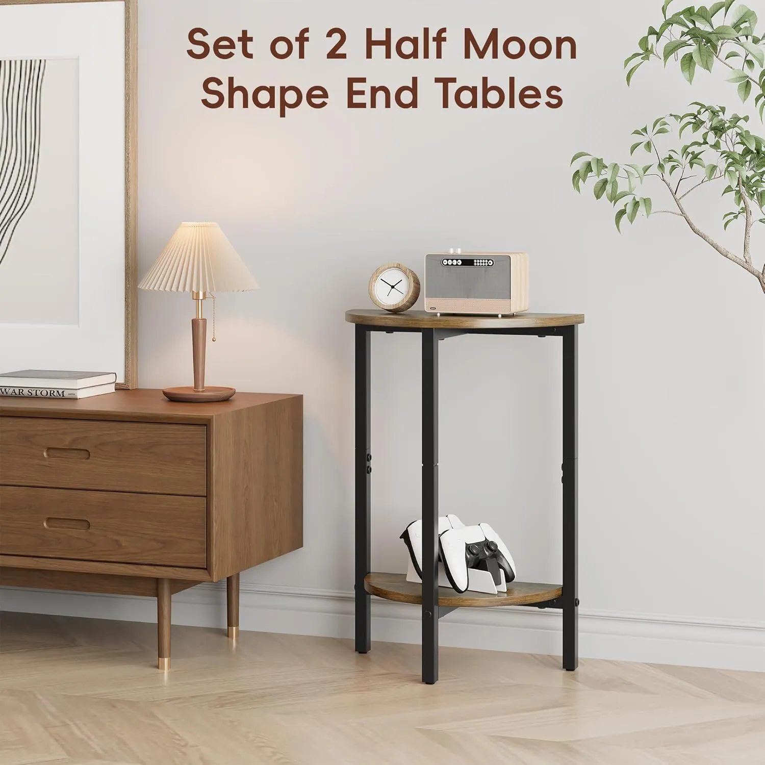 Vagusicc Side Table, Small Round End Table, Set of 2 Half Round Side Table for Living Room, 2 Tier Small Couch Side Tables, Round Coffee Table, Thin Accent Sofa Table Narrow Entryway Table, Brown
