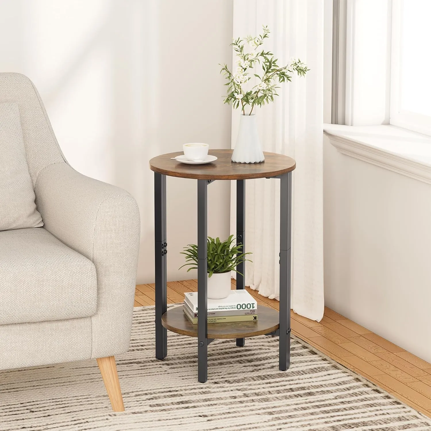 Vagusicc Side Table, Small Round End Table, Set of 2 Half Round Side Table for Living Room, 2 Tier Small Couch Side Tables, Round Coffee Table, Thin Accent Sofa Table Narrow Entryway Table, Brown