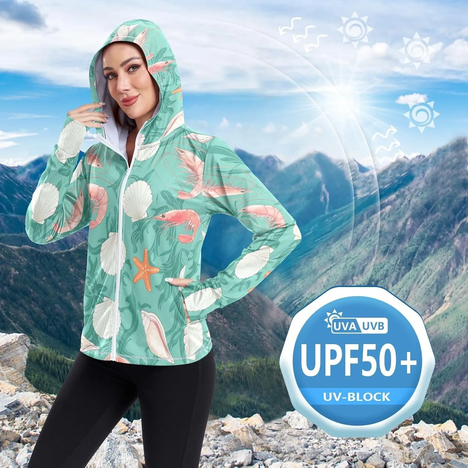 Various Shrimp Sun Protective Shirts, Upf 50  Zip up Outdoor Hoodie, (S-XXL)