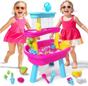VATOS 3-Tier Sand Water Table for Toddlers, 37-Piece Kids Water Table Splash Pond Toys Set for Outside Outdoor Backyard, Toddlers Activity Sensory Water Play Table Summer Toys for Girls, Pink