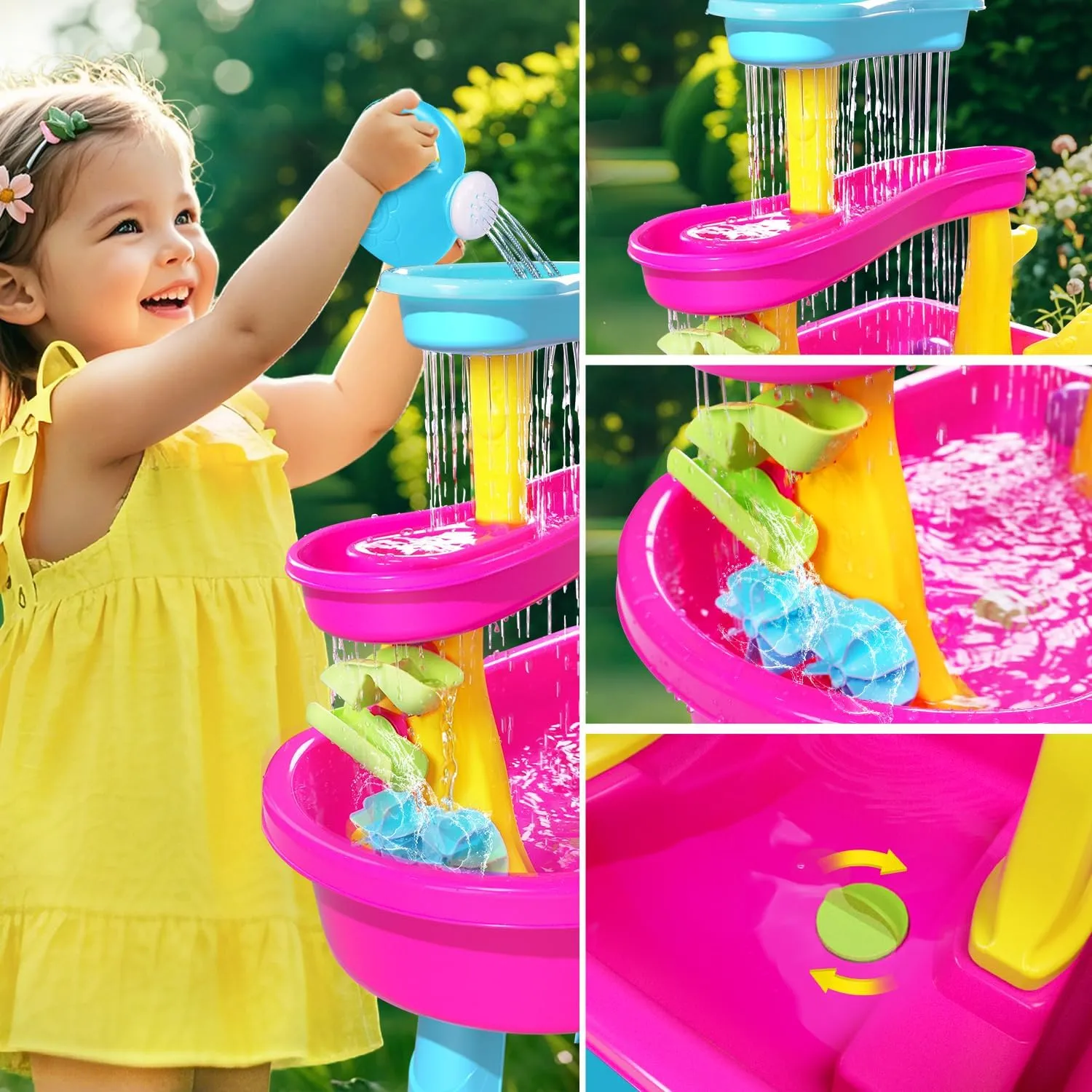 VATOS 3-Tier Sand Water Table for Toddlers, 37-Piece Kids Water Table Splash Pond Toys Set for Outside Outdoor Backyard, Toddlers Activity Sensory Water Play Table Summer Toys for Girls, Pink