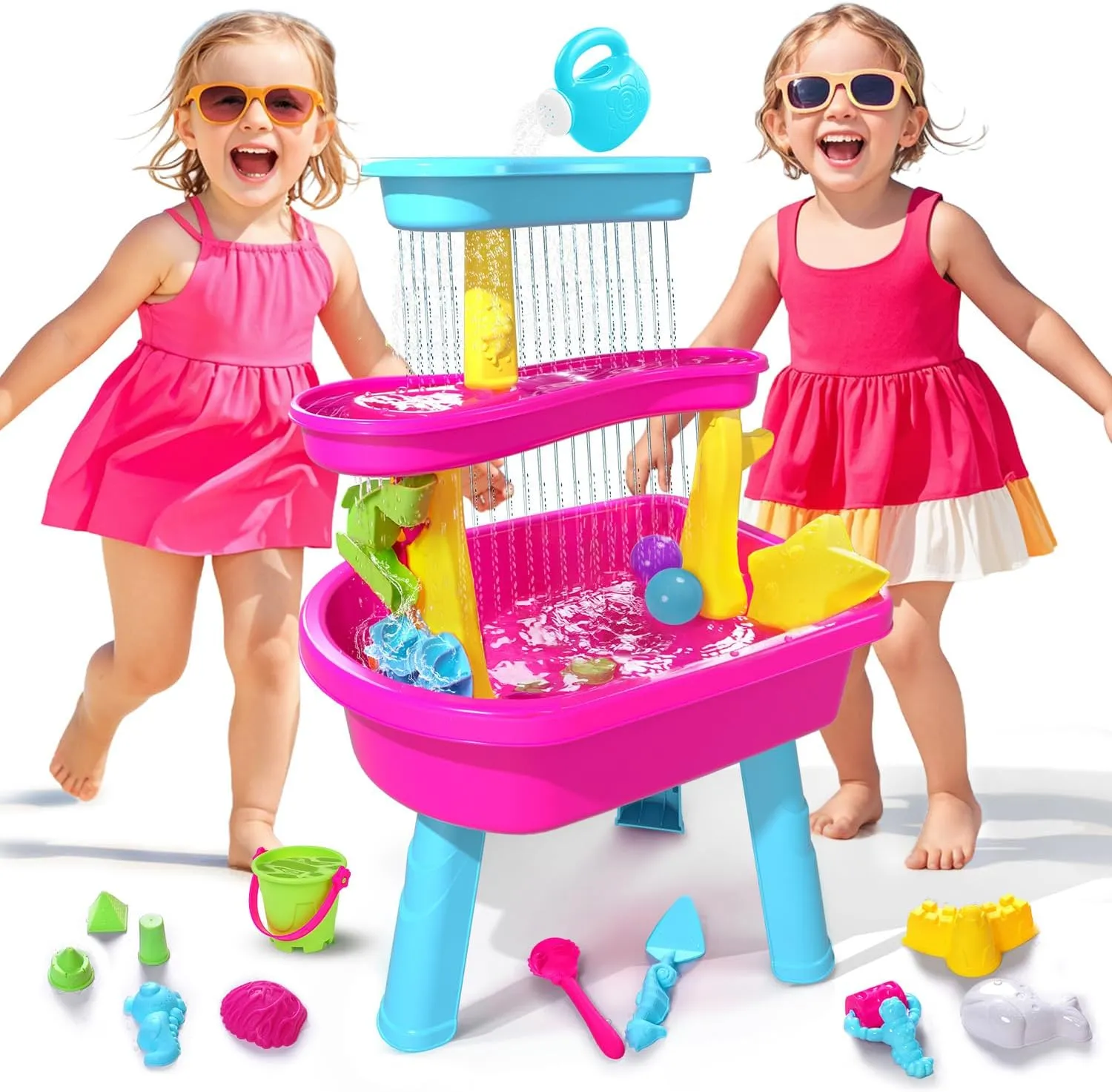 VATOS 3-Tier Sand Water Table for Toddlers, 37-Piece Kids Water Table Splash Pond Toys Set for Outside Outdoor Backyard, Toddlers Activity Sensory Water Play Table Summer Toys for Girls, Pink