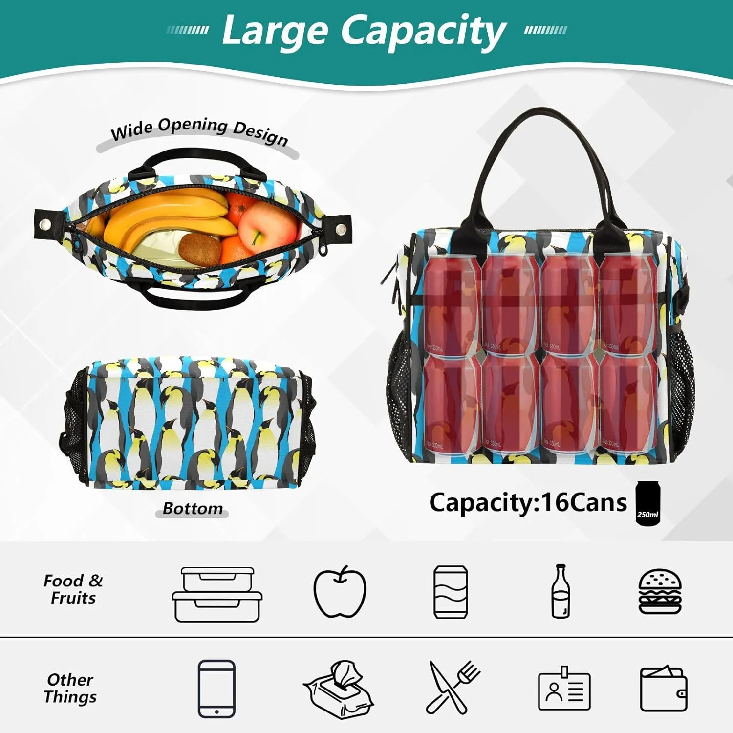 Vdsrup Emperor Penguins Lunch Bag for Men Women Lunch Box Tote for Work, Blue Animal Lunchbox Cooler for Kids with Shoulder Strap & Side Pocket for Picnic Hiking Outdoor M