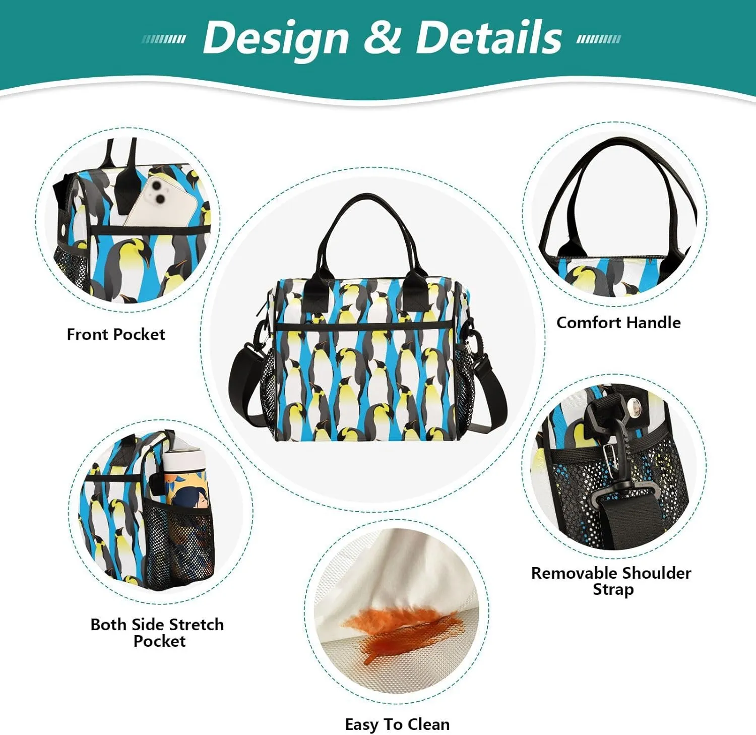 Vdsrup Emperor Penguins Lunch Bag for Men Women Lunch Box Tote for Work, Blue Animal Lunchbox Cooler for Kids with Shoulder Strap & Side Pocket for Picnic Hiking Outdoor M